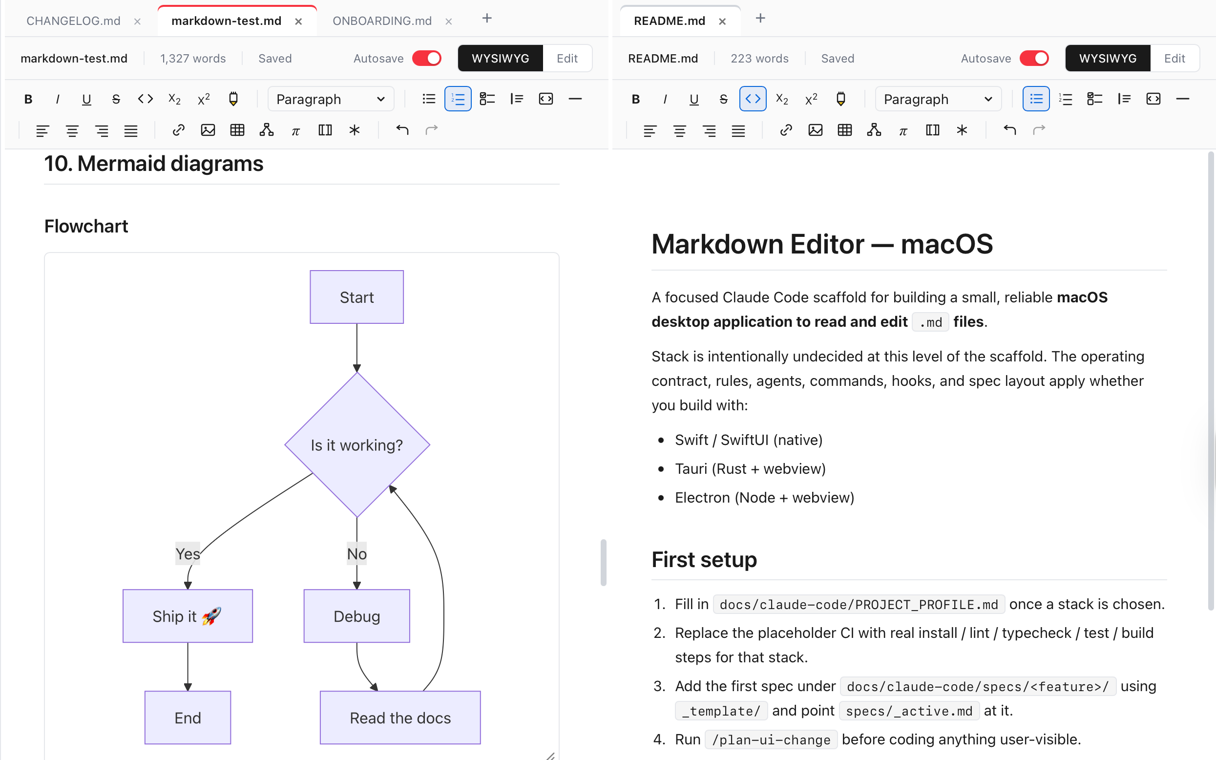 Two editor panes shown side by side, each with its own tab strip, toolbar, and view-mode toggle