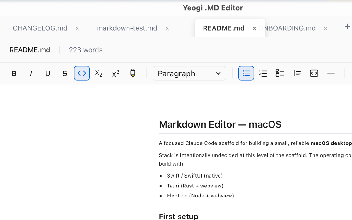 Tab strip with four Markdown documents open and a Chrome-style plus button to add another